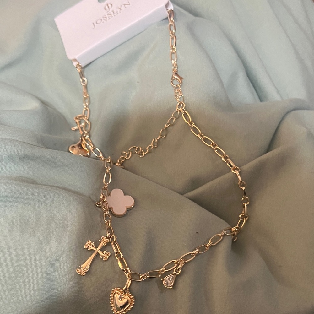 Gold Pendant Necklace with Cross and Heart Charms